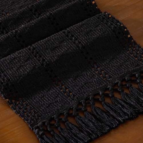 DeZerlor Black Boho Macrame Farmhouse Table Runner 12 x 60 Inches with Tassels