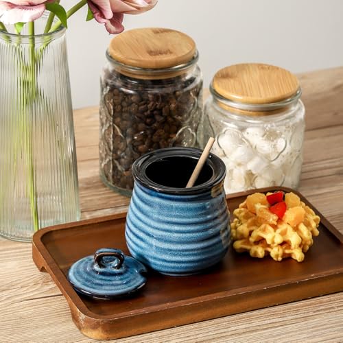 Blue Ceramic Honey Jar with Wooden Dipper Set - 12oz Kitchen Decor
