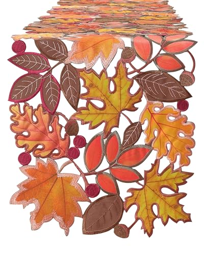 Autumn Fall Table Runner 36 Inch Embroidered Maple Leaf Thanksgiving Decor
