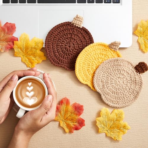 Fall Crochet Coasters Set - Pumpkin Shape, Ginger Yellow, Dark Brown, Khaki, Beige, 4 Pcs with Variation Pumpkin