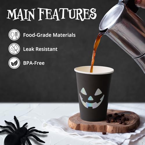 Halloween Disposable Paper Cups - Jack O' Lantern, Black & Silver, 12 oz, Bulk 50 Pack