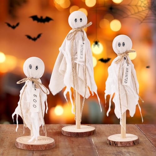 Halloween Ghost Decorations Indoor Set of 3 Rustic Wooden Stand Spooky Table Centerpieces
