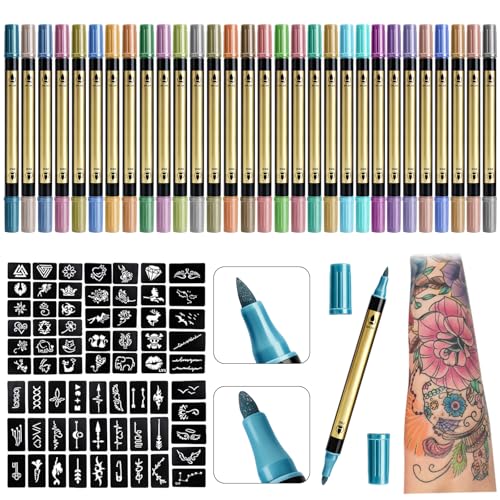 Ponhey Multicolor Temporary Tattoo Markers Set with 30 Metallic Pens & 67 Stencils