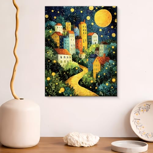 Moonlit Village Canvas Wall Art - Whimsical Landscape, 8x10 Inches, Variation 16