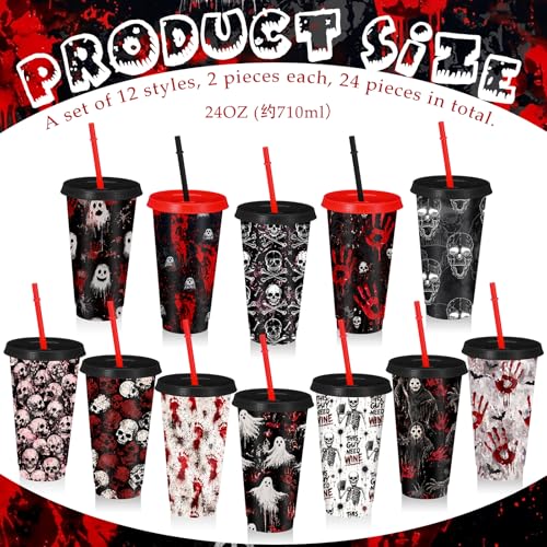 24 Pack Halloween Horror Plastic Cups with Lids & Straws - 24 oz Reusable Party Drinkware