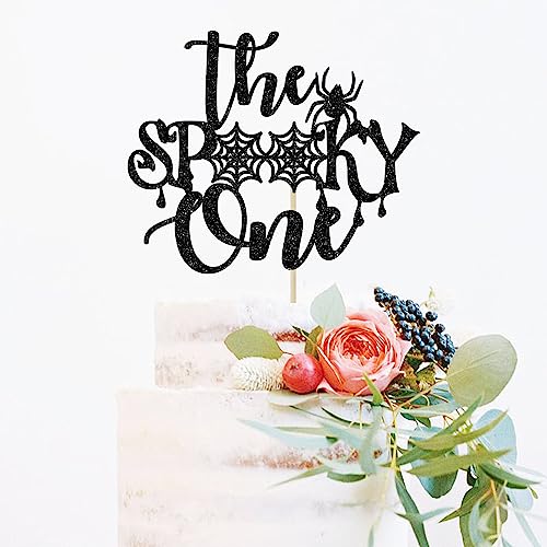 Halloween Spooky One Cake Topper - Black Glitter Birthday & Baby Shower Decor