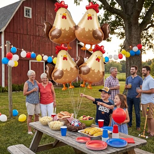 Farm Animal Balloons Set - Chicken Foil Party Decorations, 4 Pieces