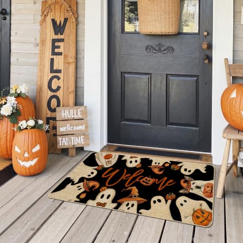 Halloween Ghost Door Mat - 17 x 36 Inch Spooky Welcome Rug with Non-Slip Rubber Backing