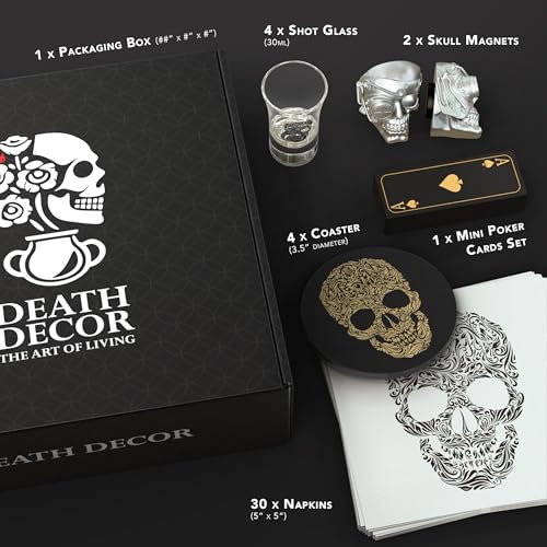 Skull Gothic Shot Glass Gift Set - 4 Dark Themed Glasses Coasters & Cards