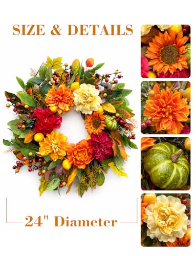 24 Inch Fall Wreath for Front Door - Autumn Decor for Home & Entryway