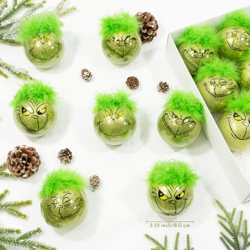 12Pcs Christmas Tree Ornaments Bulk - 3.15 Inch Lime Green Balls with Festive Designs