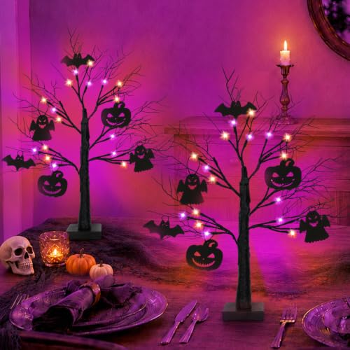 Black Halloween Tree Set with LED Lights, Ornaments & Timer - 24 Inch