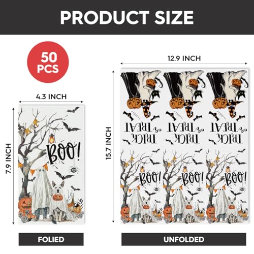 Halloween Paper Napkins 50 Pack - Jack-O-Lantern, Ghost & Cobweb Design, 4.3 x 7.9 Inches