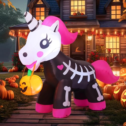 5FT Halloween Inflatable Skeleton Unicorn with LED Lights Outdoor Yard Decor