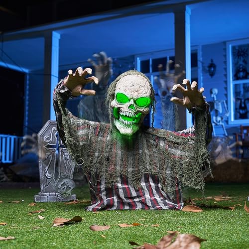 Halloween Animatronic Skeleton Groundbreaker Decor with Moving Arms & Green Light - Outdoor Yard Prop