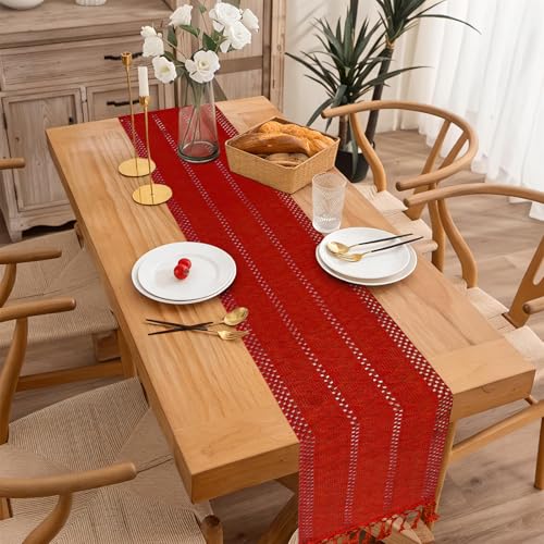 Christmas Table Runner 12 x 108 Inches Red Tassel Rustic Cotton Linen Holiday Decor