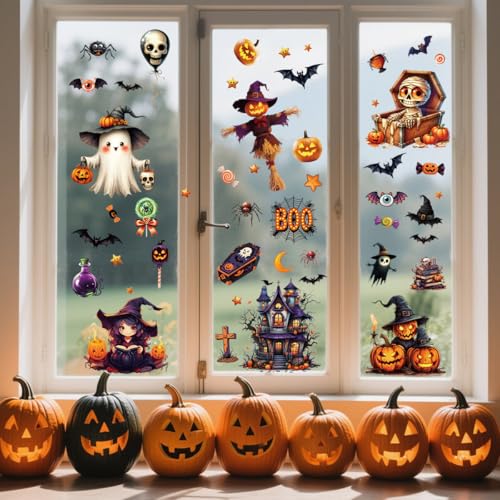 Halloween Window Clings Set - 82PCS Spooky & Cute Ghost Witch Zombie Decor