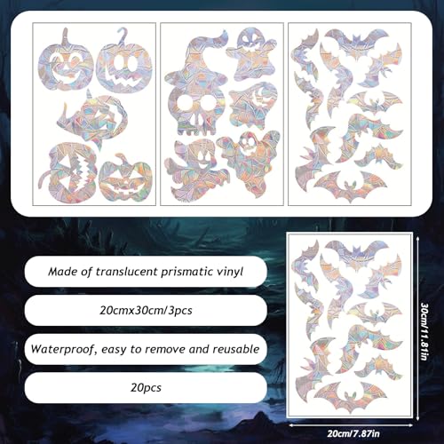Halloween Laser Window Clings Decal - Double-Sided Ghost Bat Pumpkin Pattern, Style 2, 20 Pcs