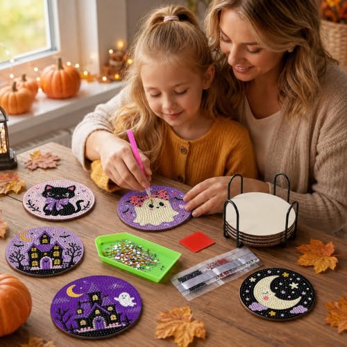 Halloween Diamond Art Coasters Set - Ghost Pumpkin Moon Black Cat Spider Web with Holder - Halloween-3
