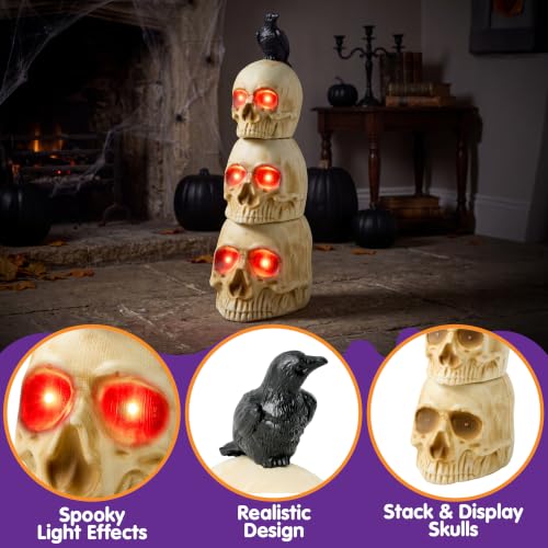 Stackable Skeleton Decor with Glowing Skulls and Crow for Halloween Yard Indoors