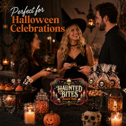 Halloween Dessert Table Sign - Haunted Bites Skull Wooden Snack Decor with Iron Stand