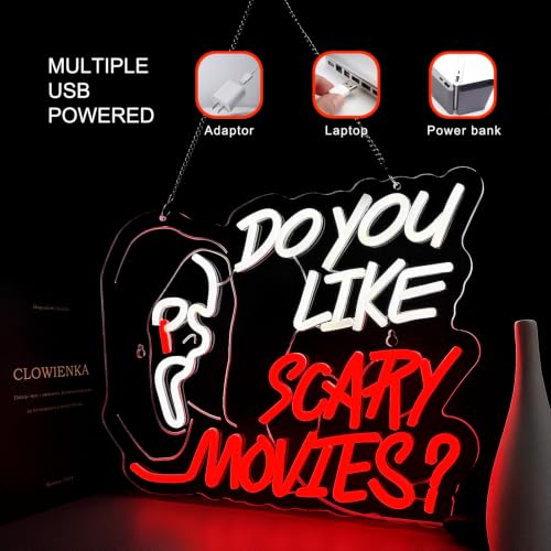 Scary Movies Neon Sign Wall Decor - White+Red Horror Theme for Game Room & Man Cave