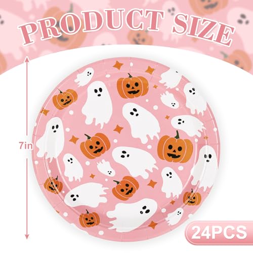 Pink Ghost & Pumpkin Halloween Paper Plates 7 Inch - 24 Pack Disposable Party Tableware