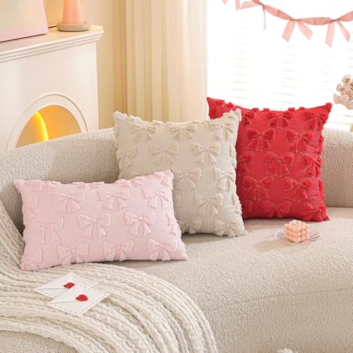 Pink Bow Throw Pillow Covers Set of 2 - 18x18 Inches Faux Fur Cushion Cases