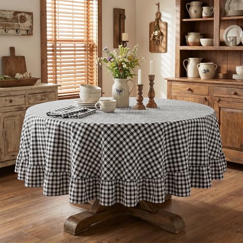 Black Gingham Ruffled Tablecloth 70 Inch Round Washed Cotton - SquarePie