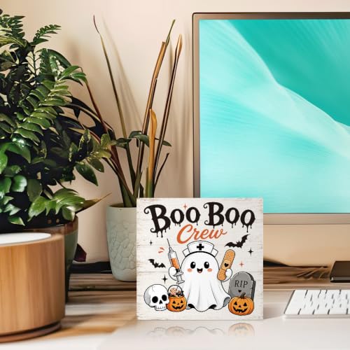 Funny Boo Boo Crew Halloween Ghost Wooden Sign - Rustic Home Decor - Orange-White 2