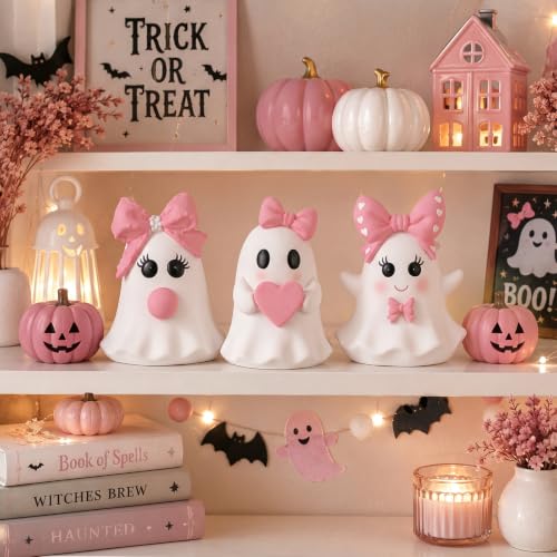 Pink Halloween Ghost Figurines Set - Bow Style, Resin, 3 Pieces