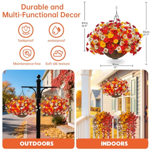 Artificial Hanging Flower Basket - Deep Autumn Faux Petunias, UV Resistant Outdoor Decor