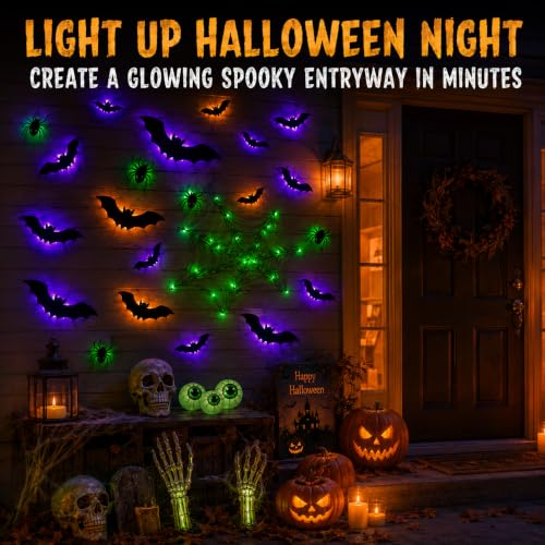 Halloween 41-Piece Light-Up Bat & Spiders Wall Decor Kit with Glow Effects