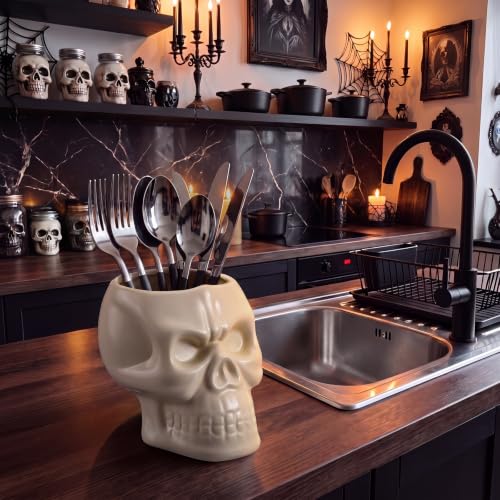 Ceramic Skull Utensil Holder for Kitchen - Gothic Kitchen Accessories, White Skull