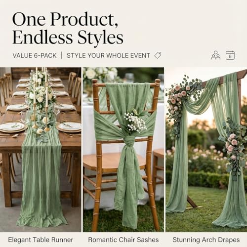 EcoEdge Sage Green Cheesecloth Table Runner 6 Pack 35x120 for Baby Shower & Wedding Decor