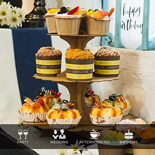 Brown 2-Pack 3-Tier Cupcake Stand Rustic Kraft Paper Decor Tower - Heart Handle Design, Easy Assembly for Weddings & Parties