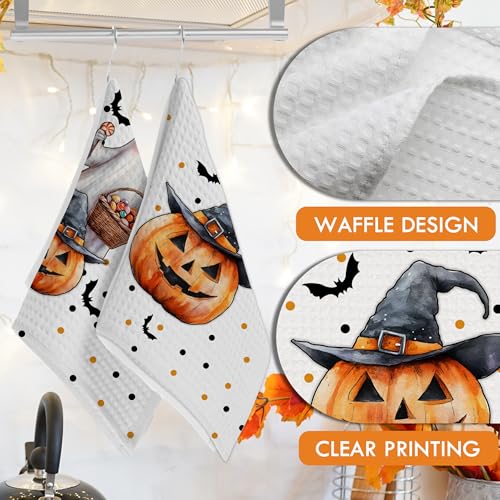 Halloween Kitchen Towels Set of 2 - White Ghost, Black Cat, Pumpkin & Bats Decor