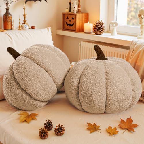 Off White Pumpkin Pillows Set of 2 - Fall Halloween Thanksgiving Decor - 14.2x10.2in