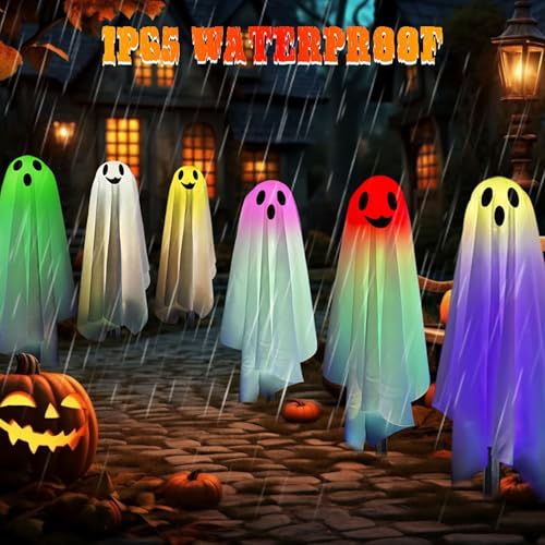 RGB Halloween Ghost Pathway Lights with Stakes - 6PCS Solar Waterproof Outdoor Decor