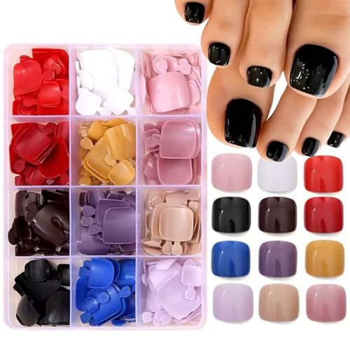 Press On Toenails Short Square Fake Nails Solid Color with Design - 12 Packs, Reusable Acrylic Manicure