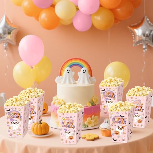 Pink Ghost Halloween Popcorn Boxes - Party Favor Goodie Bags (12 Pack)
