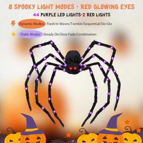 Giant Outdoor Halloween Spider Decor - 78-Inch Light Up Fake Spider with 8 Light Modes
