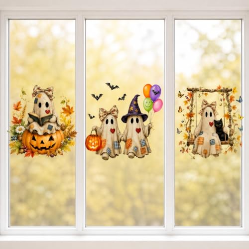 Halloween Window Clings - Cute Ghosts & Pumpkins Static Decal Set - Autumn Ghost Trio Variation