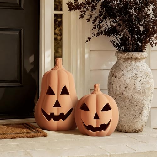 Set of 2 Handmade Terracotta Jack O'Lantern Halloween Decorations