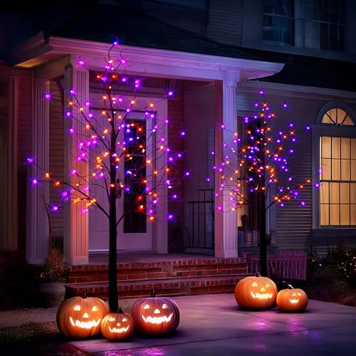 6Ft Black Birch Halloween Tree with 144 LED Purple & Orange Lights - 1 Pack