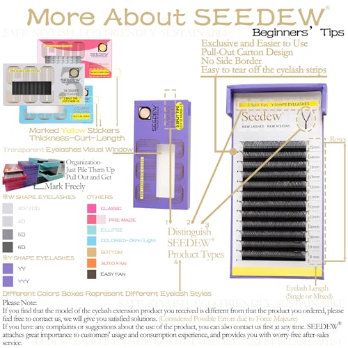 SEEDEW Eyelash Extensions Set, 3 Pieces Individual Hybrid Volume Premade Lashes, (Classic + YY Lashes + W-3D Lashes) 0.07 D Mix Black, for Practice, Cost-Effective, Beginner Lash Artists Friendly