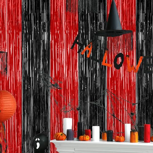 Halloween Foil Curtain Streamers - Black and Red Party Decorations, 4 Pack