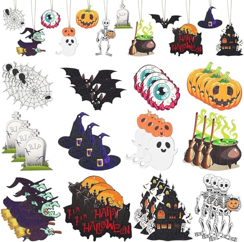 Halloween Wooden Hanging Ornaments Set - Skeleton, Pumpkin, Witch, Black Cat, 24 Pcs