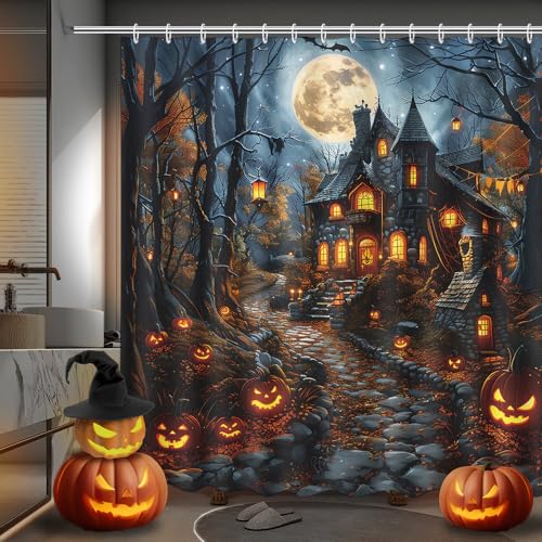 Halloween Evil Pumpkin Shower Curtain Black - Moon Night Bathroom Decor