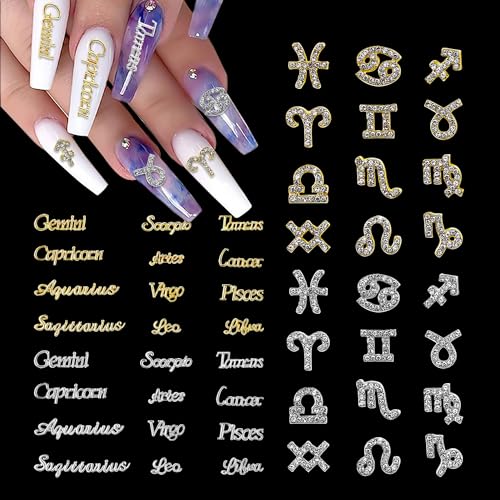 Zodiac Nail Charms Set - 48 Gold & Silver Alloy Signs & Words, Variation 05